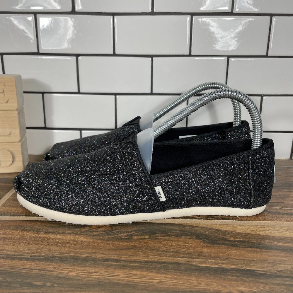 Toms Belmont Shoes Womens Size 7 Black Iridescent Glimmer Slip On Comfort Flats